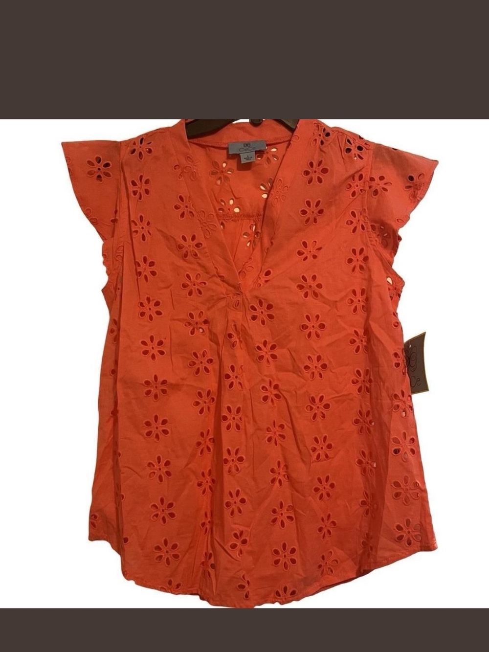 cece Eyelet V-Neck Flutter Sleeve Top - Orange